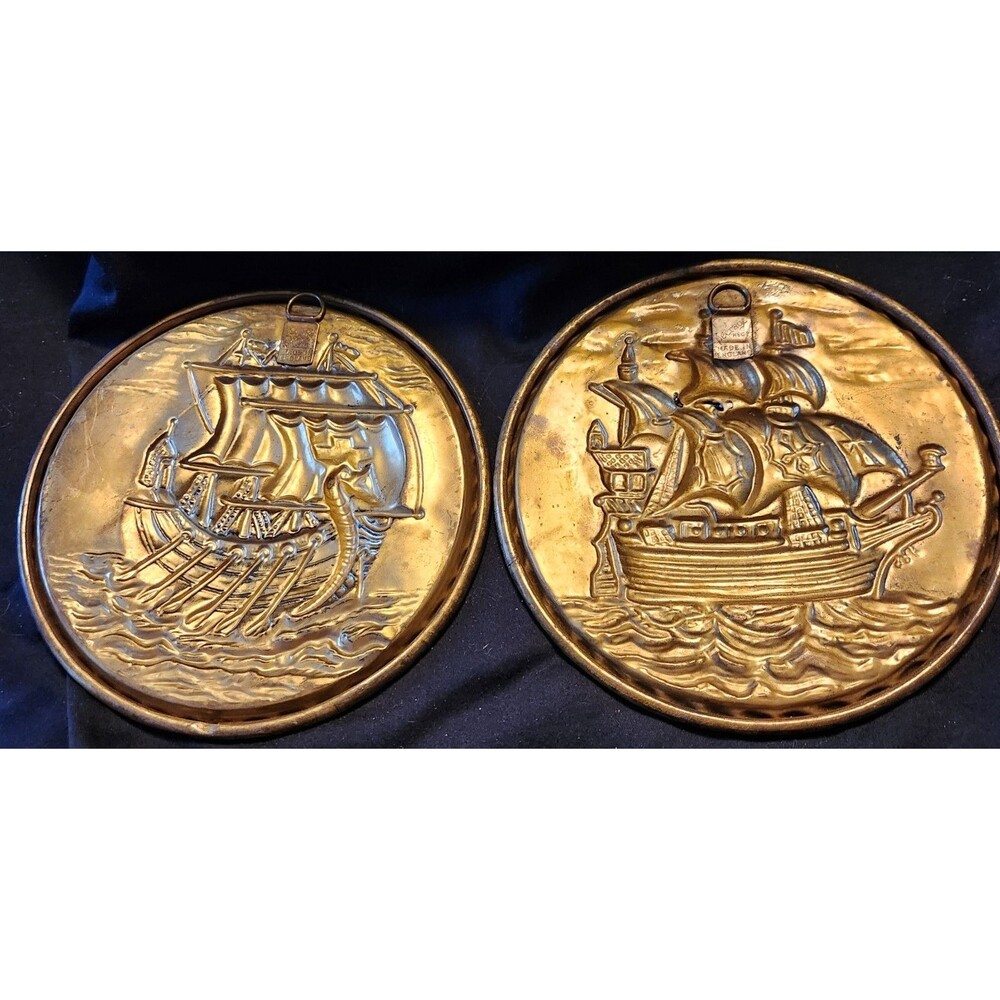 2 Vintage Embossed Brass Wall Decor w/  Sailing Ships & Seagulls 8” England